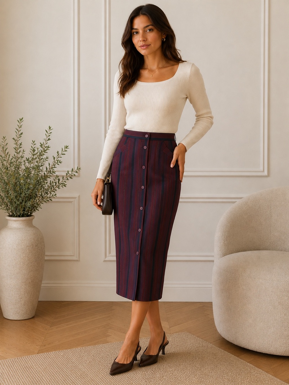 Ports International Button-Front Midi Pencil Skirt in Burgundy Stripe
